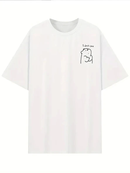 [Günlük T-Shirt] Hafif Kadın Günlük T-Shirt | Bol Kesim, Kısa Kollu, Yuvarlak Yaka, Eğlenceli Karikatür Ayı ve "Umrumda - Resim 3