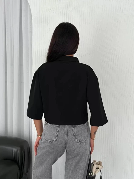 Z Krep Kadın Crop Yakalı Gömlek İlik Düğmeli Üç Çeyrek Sleeve Kol - Siyah - Resim 3