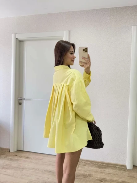 Poplin Kadın Yakalı Yandan Yırtmaçlı Arka Pens Detaylı Gömlek - Sarı - Resim 5