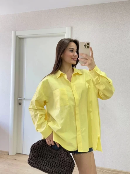 Poplin Kadın Yakalı Yandan Yırtmaçlı Arka Pens Detaylı Gömlek - Sarı - Resim 2