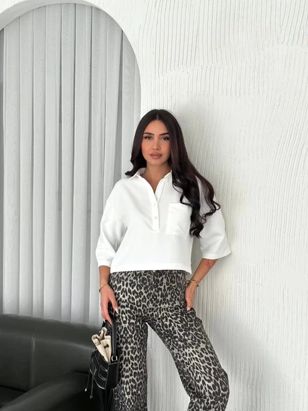 Z Krep Kadın Crop Yakalı Gömlek İlik Düğmeli Üç Çeyrek Sleeve Kol - Beyaz - Resim 3