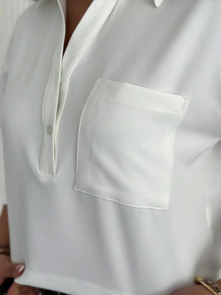 Z Krep Kadın Crop Yakalı Gömlek İlik Düğmeli Üç Çeyrek Sleeve Kol - Beyaz - Resim 6