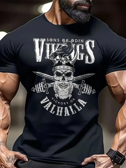 20/1 Penye Compack Vikings Valhalla Baskılı Oversize Bisiklet Yaka T-shirt - Siyah ürün görseli
