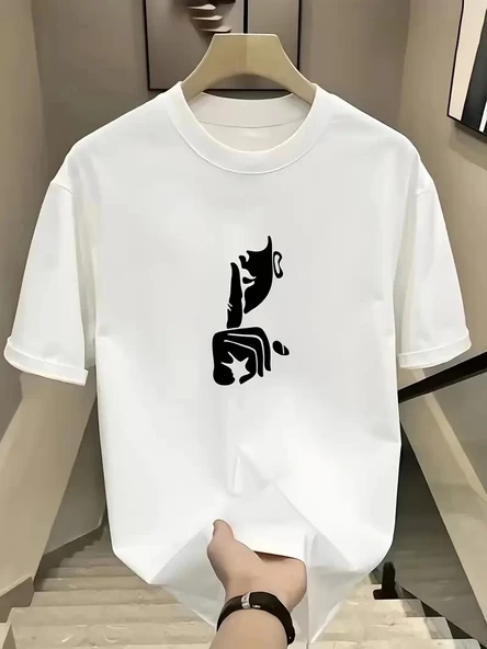 Rahat Bisiklet Yaka Tişört, Yaratıcı Karikatür Baskı - Yumuşak Polyester, Her Mevsim Giyilebilir- Beyaz ürün görseli 1