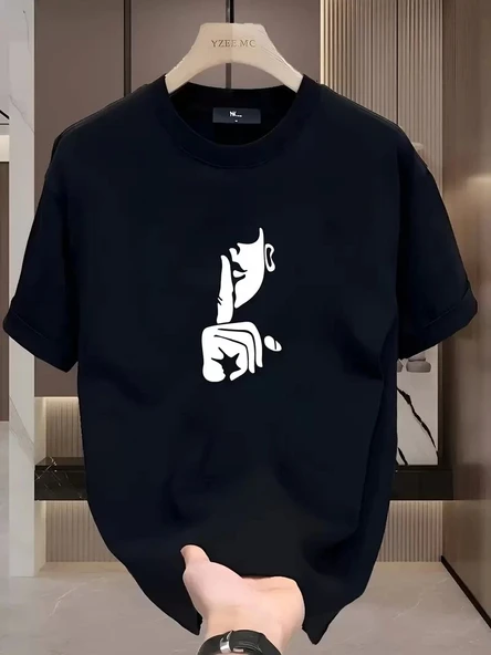 Rahat Bisiklet Yaka Tişört, Yaratıcı Karikatür Baskı - Yumuşak Polyester, Her Mevsim Giyilebilir- Siyah ürün görseli 1