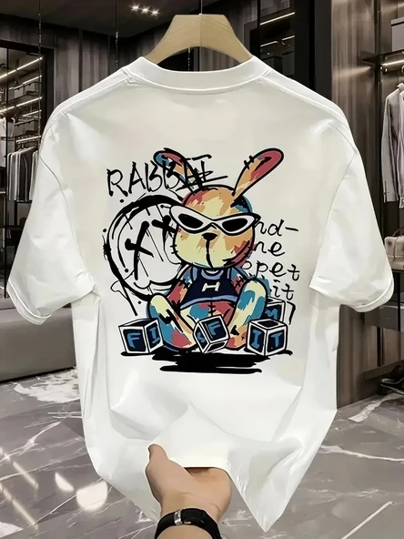 Güneş Gözlüğü Grafikli Karikatür Tavşan Oversize Kısa Kollu Tişört Çift Tişört, İlkbahar Ve Yaz - Beyaz - 1