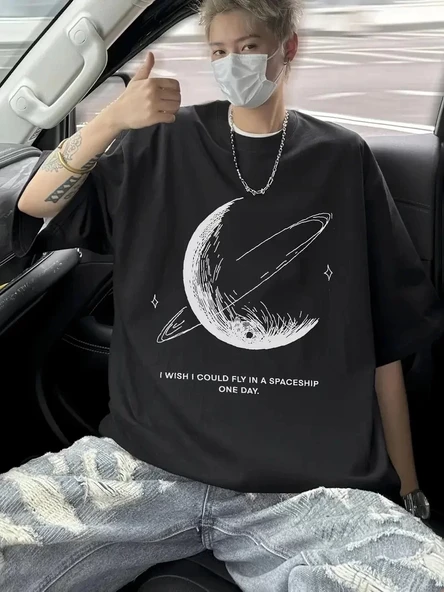 Erkekler için Siyah Tişört Grafik Genç Emo Vintage Gotik Rahat Büyük Beden Kısa Kollu Tişört Giysi Üst- Siyah - Resim 2