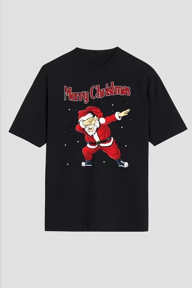 Merry Christmas Baskılı Noel Babalı T-shirt - Siyah ürün görseli 1