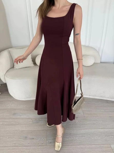 Sırt Dekolteli Kolsuz Uzun Elbise - Mürdüm - Resim 2