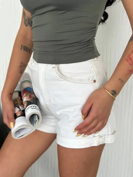 Osy Modal Yumuşak Dokulu Kumaş Bisiklet Yaka Kadın Sıfır Kol Bluz Omuz Toka Aksesuar Detaylı - Haki - Resim 3