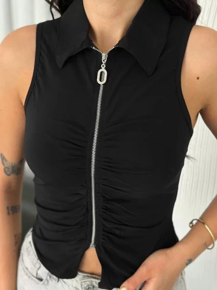 Yakalı Tam Fermuarlı Kolsuz Bluz - Siyah ürün görseli 1