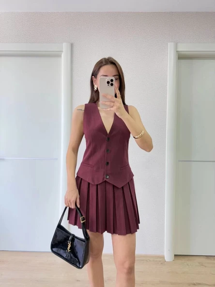 Keten Takım Görünümlü Düğme Detaylı Yelekli Mini Elbise - Bordo ürün görseli 1