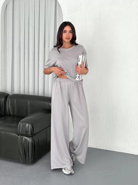 Osy Modal Yumuşak Dokulu Kumaş Bisiklet Yaka T-shirt Bol paça Pantalon ikili Takım - Boyalı Gri - Resim 2