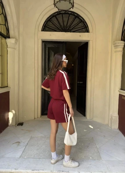 Osy Modal yumuşak dokulu Kumaş Kadın Parçalı Bisiklet Yaka T-shirt Mini Şortlu Etek İkili Takım -Bordo - Resim 3