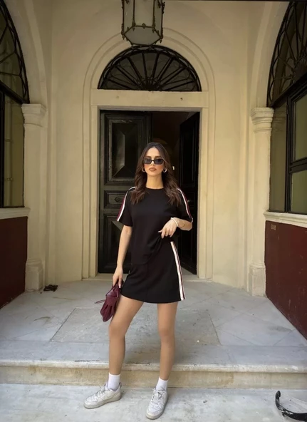 Osy Modal yumuşak dokulu Kumaş Kadın Parçalı Bisiklet Yaka T-shirt Mini Şortlu Etek İkili Takım - Siyah - Resim 2