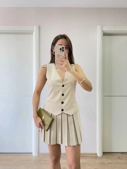 Keten Takım Görünümlü Düğme Detaylı Yelekli Mini Elbise - Bej - Resim 5