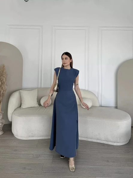 Keten Yandan Yırtmaçlı Uzun Elbise Sıfır Kol Elbise - Mavi ürün görseli 1