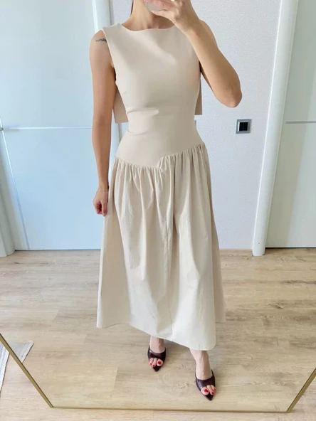 Krep Arkası Kanat Arka Ön Pens Detaylı Uzun Kadın Elbise - Bej - Resim 3