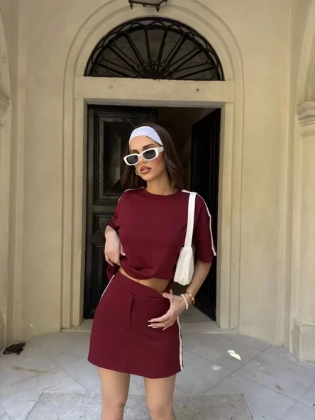 Osy Modal yumuşak dokulu Kumaş Kadın Parçalı Bisiklet Yaka T-shirt Mini Şortlu Etek İkili Takım -Bordo - Resim 5
