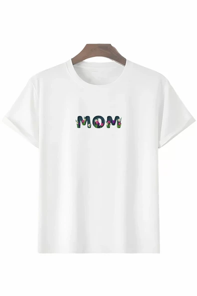 Anneler Gününe Özel Tasarım mom Çiçek Baskılı T-shirt - Beyaz ürün görseli 1