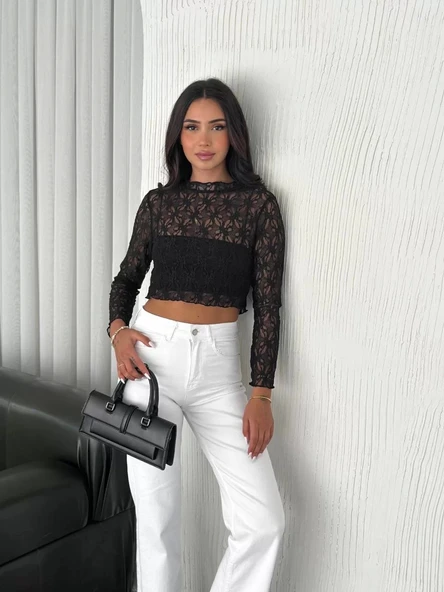 Kadın Dantel Uzun Kol Bluz- Siyah - Resim 8