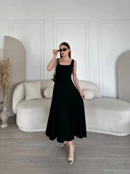 Sırt Dekolteli Kolsuz Uzun Elbise - Siyah - 2