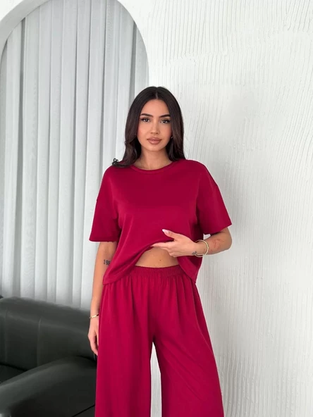 Osy Modal Yumuşak Dokulu Kumaş Bisiklet Yaka T-shirt Bol paça Pantalon ikili Takım -Bordo - Resim 2