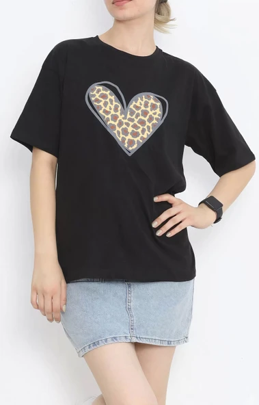Sevgililer Günü İçin Özel Tasarım Leopar Kalp Baskılı T-shirt - Siyah - Resim 3