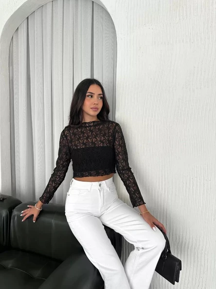 Kadın Dantel Uzun Kol Bluz- Siyah - Resim 3