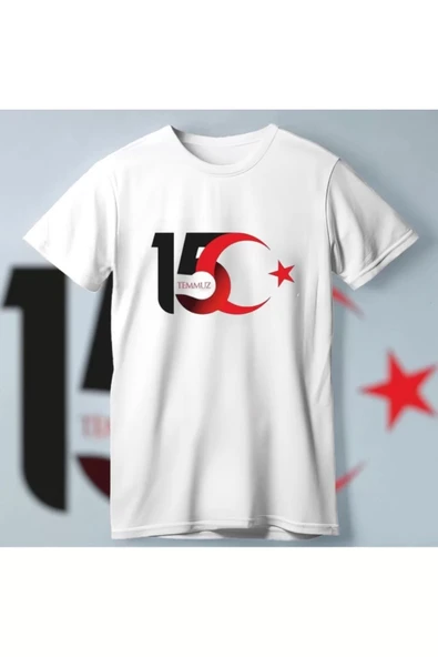 15 Temmuza Özel Tasarım Ay Yıldız Baskılı T-shirt - Beyaz ürün görseli 1