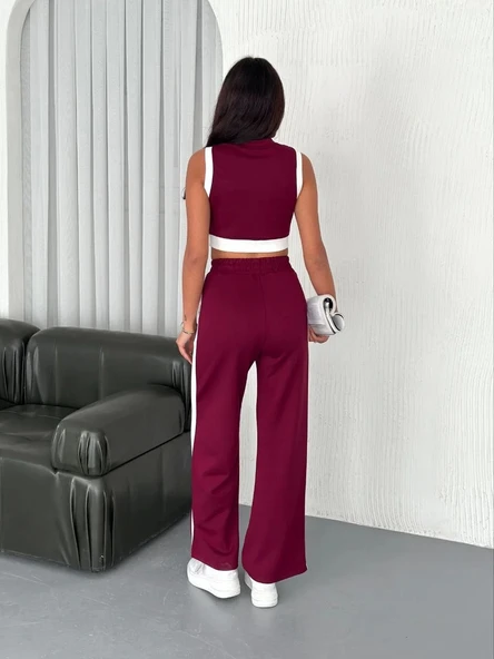 Osy Modal Yumuşak Dokulu Kumaş Tam Fermuarlı Crop Pantalon İkili Takım - Bordo - Resim 5