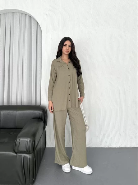 Yakalı Düğmeli Uzun Kollu Gömlek Pantolon ikili Takım - Bej - Resim 4