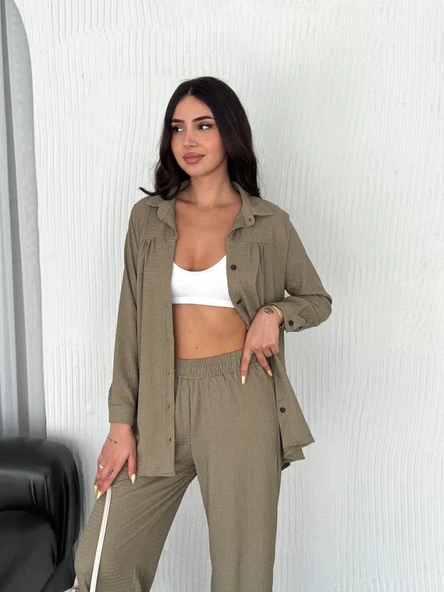 Yakalı Düğmeli Uzun Kollu Gömlek Pantolon ikili Takım - Bej ürün görseli 1