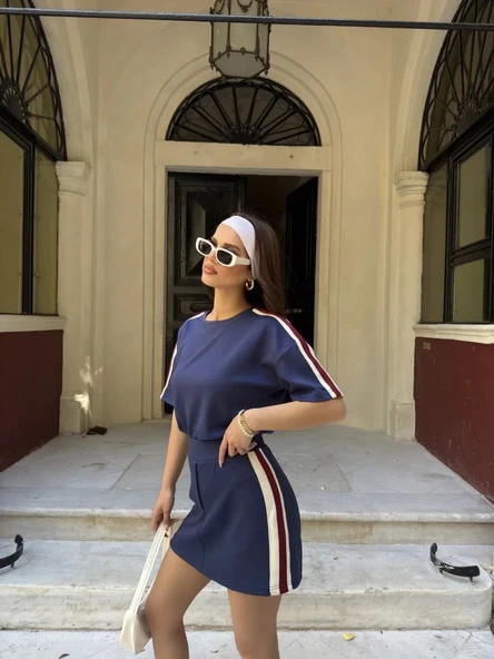 Osy Modal yumuşak dokulu Kumaş Kadın Parçalı Bisiklet Yaka T-shirt Mini Şortlu Etek İkili Takım -Lacivert - Resim 2