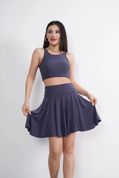 Sendy Kumaş Bisiklet Yaka Crop Şortlu Etek ikili Takım - Antrasit - Resim 2