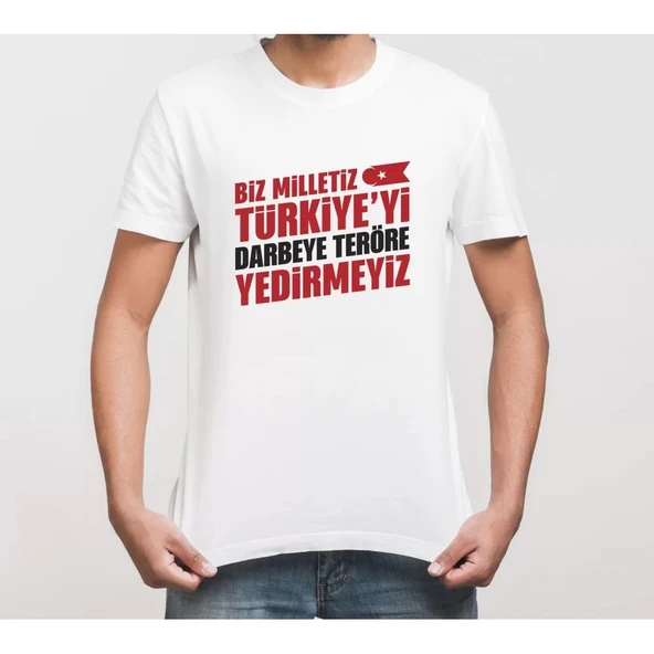 15 Temmuza Özel Tasarım YEDİRMEYİZ Baskılı T-shirt - Beyaz ürün görseli 1