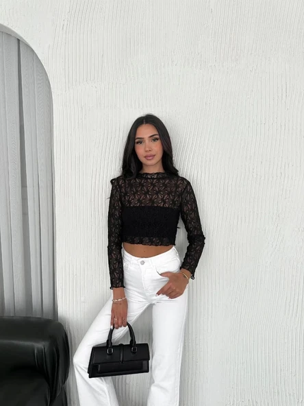 Kadın Dantel Uzun Kol Bluz- Siyah - Resim 6