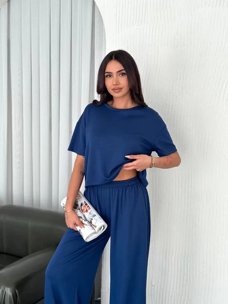 Osy Modal Yumuşak Dokulu Kumaş Bisiklet Yaka T-shirt Bol paça Pantalon ikili Takım -Saks Mavi - Resim 6