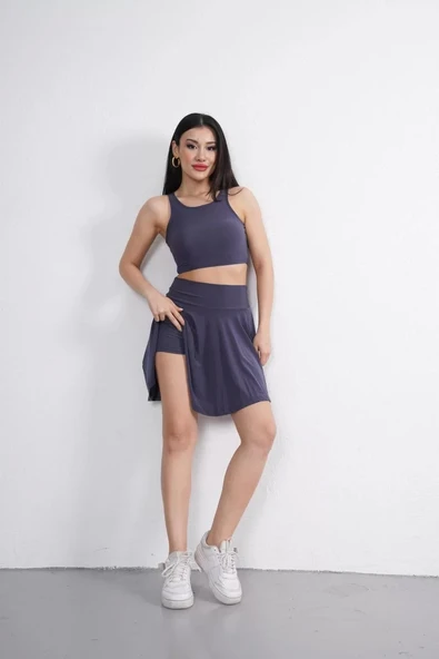 Sendy Kumaş Bisiklet Yaka Crop Şortlu Etek ikili Takım - Antrasit ürün görseli 1