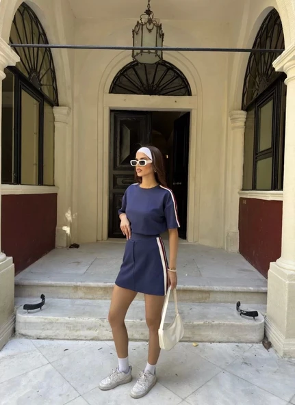 Osy Modal yumuşak dokulu Kumaş Kadın Parçalı Bisiklet Yaka T-shirt Mini Şortlu Etek İkili Takım -Lacivert - Resim 5