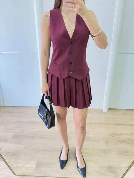 Keten Takım Görünümlü Düğme Detaylı Yelekli Mini Elbise - Bordo - Resim 4