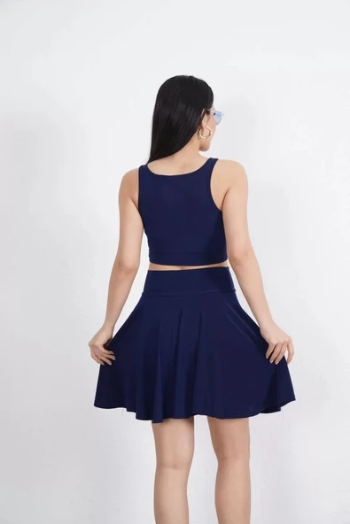 Sendy Kumaş Bisiklet Yaka Crop Şortlu Etek ikili Takım - Lacivert - Resim 5