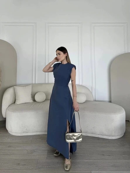 Keten Yandan Yırtmaçlı Uzun Elbise Sıfır Kol Elbise - Mavi - Resim 2
