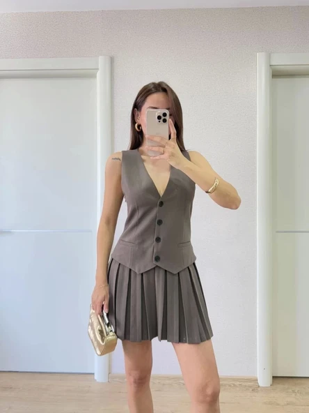 Keten Takım Görünümlü Düğme Detaylı Yelekli Mini Elbise - Füme - Resim 3