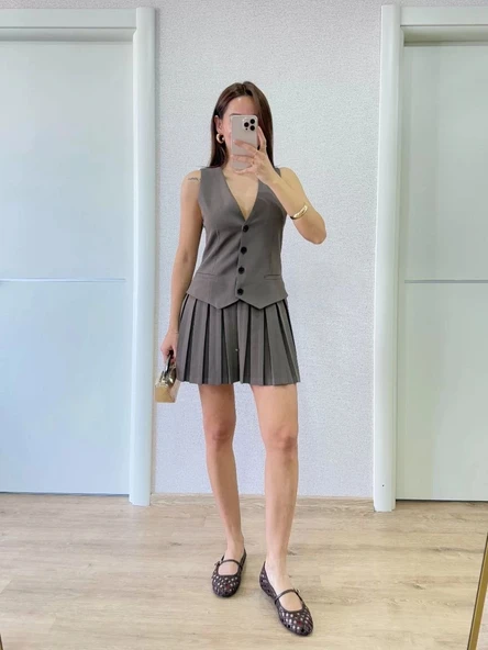 Keten Takım Görünümlü Düğme Detaylı Yelekli Mini Elbise - Füme - Resim 4