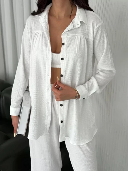 Yakalı Düğmeli Uzun Kollu Gömlek Pantolon ikili Takım - Beyaz - Resim 5