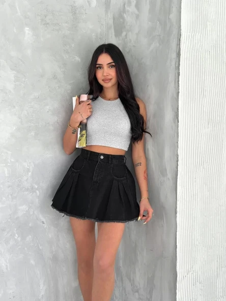 Şık Pileli Yazlık Mini Etekli Kot- Siyah - 5