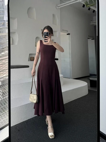 Sırt Dekolteli Kolsuz Uzun Elbise - Mürdüm - Resim 4