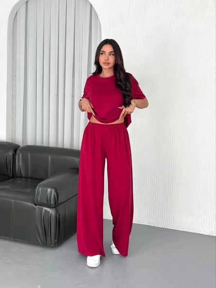 Osy Modal Yumuşak Dokulu Kumaş Bisiklet Yaka T-shirt Bol paça Pantalon ikili Takım -Bordo - Resim 5