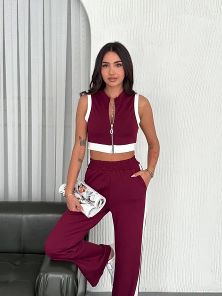 Osy Modal Yumuşak Dokulu Kumaş Tam Fermuarlı Crop Pantalon İkili Takım - Bordo - Resim 4